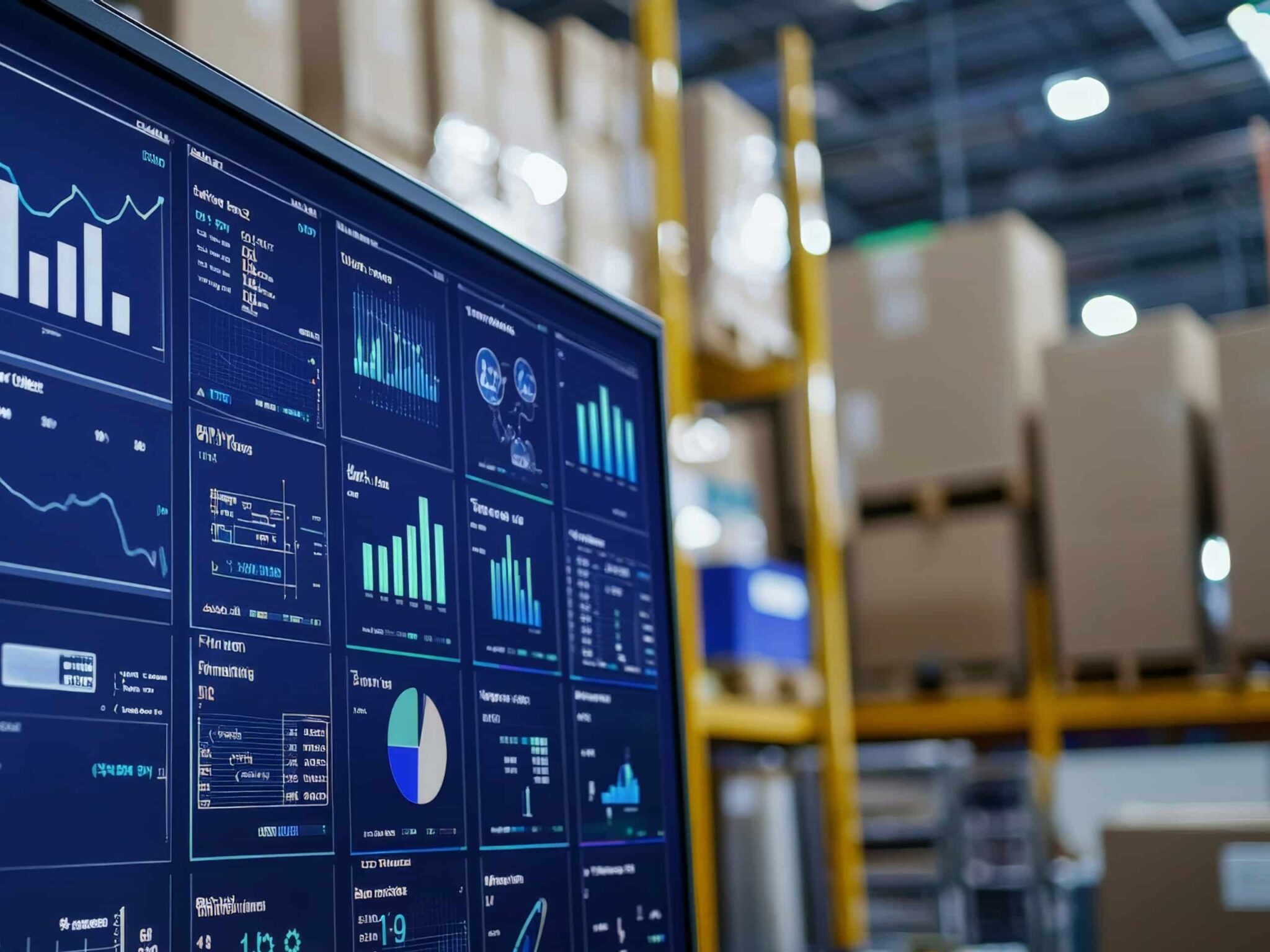 Performance-Monitoring-Dashboard mit Diagrammen in einem Lager, um Prozesse zu optimieren.