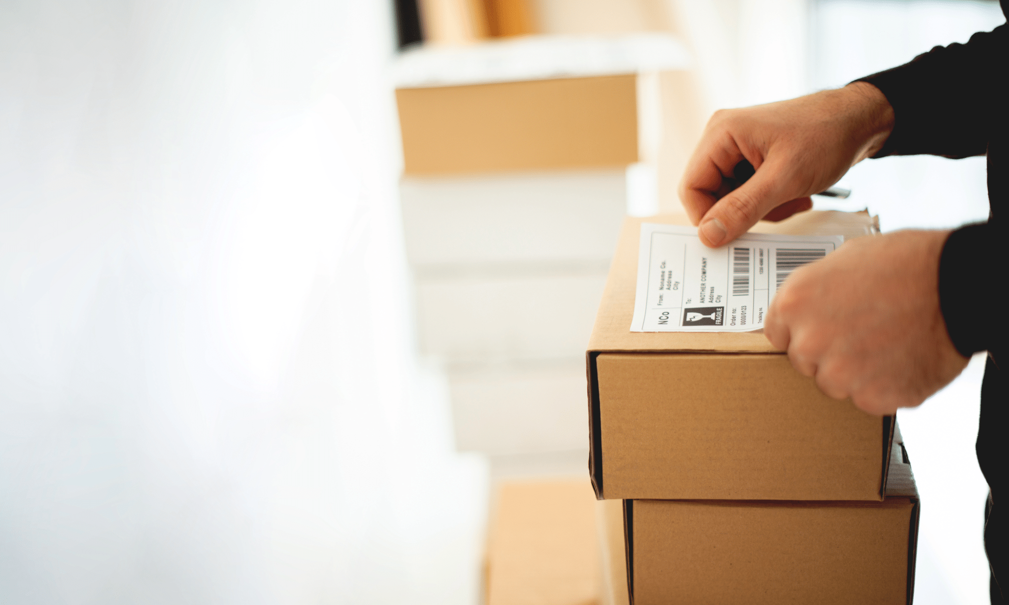 Hände kleben Versandetikett auf Paket für Shopify-Logistik und Fulfillment