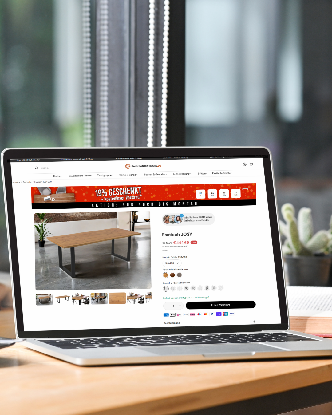 Shopify Onlineshop Referenz von newClamps mit einem Produktdetail von Baumkantentische auf einem Laptop.