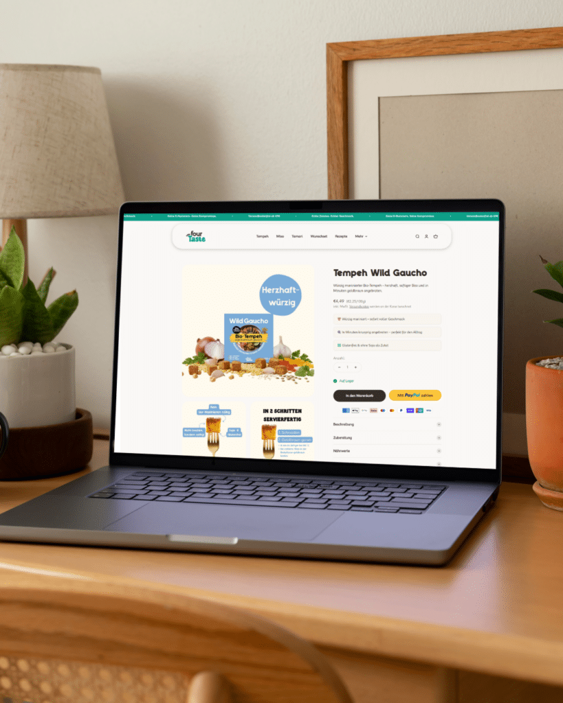 Laptop zeigt Shopify Shop mit Produktseite für Bio-Tempeh Wild Gaucho