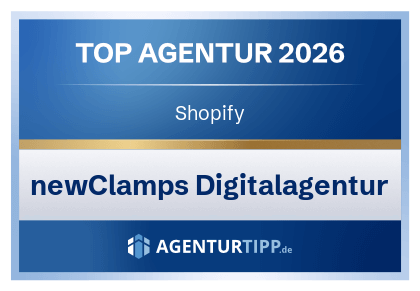 Auszeichnung als Top Shopify Agentur 2026 für newClamps Digitalagentur von Agenturtipp.